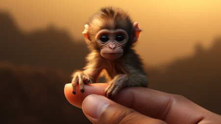 a small chimpanzee, reminiscent of raphael lacoste's style in unreal engine 5, is held gently in the palm of someone's hand. the adorable and dreamy scene captures the distinctive noses often seen in the works of john pitre and martin wittfooth. this high-resolution, 8k image is a captivating blend of artistry and cuteness. ai generatedの素材