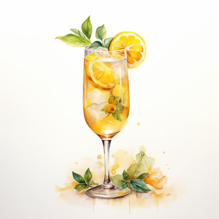 orange drink watercolor illustration featuring green leaves, ice, and a fresh cut orange with a slice. the artwork is created in the style of classical themes, exuding a luxurious feel with light gray and yellow tones. the glass material adds a touch of elegance to the lively tableau. the award-winning piece showcases detailed character design. ai generatedの素材