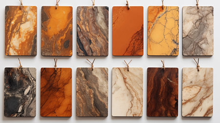 five large-scale marble bookmarks in dark orange and brown colors, crafted with raw materials. these luxurious wall hangings feature saturated pigments and naturalistic lighting, creating an electric color scheme. ai generatedの素材
