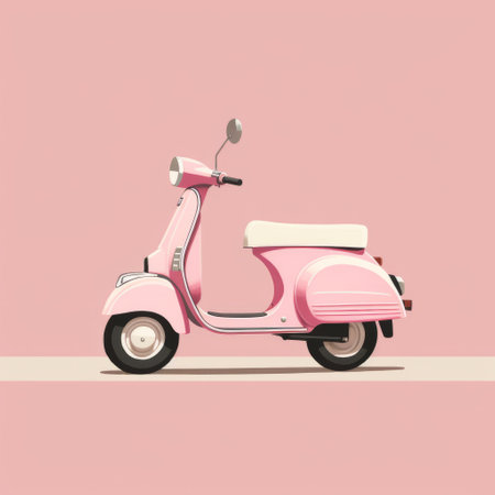 a pink vespa scooter is featured in this simplistic cartoon-style image by yanjun cheng. the scooter stands out against a pink background, creating a visual harmony with its surroundings. the overall aesthetic is characterized by a combination of pink and beige tones, giving the image a smooth and polished appearance. the high resolution of the image allows for clear and detailed viewing. ai generatedの素材