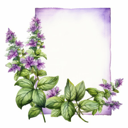 a watercolor background featuring a lavender flower enclosed in a watercolor frame, reminiscent of traditional scroll paintings. this artwork showcases letterboxing and multi-panel compositions, evoking a sense of nostalgia. commissioned between 1860 and 1969, this illustration captures the essence of a bygone era. ai generatedの素材