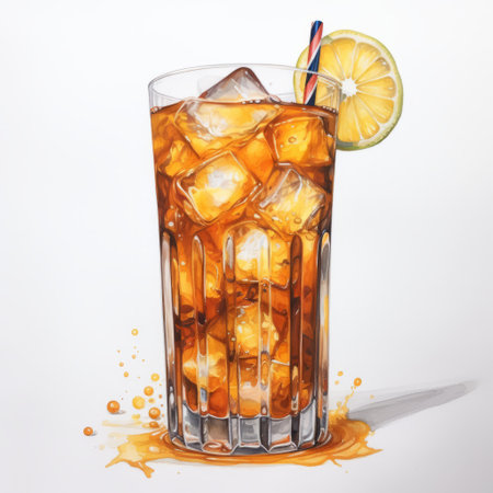 an artwork featuring a realistic and detailed rendering of a traditional vietnamese drink. the image showcases ice cubes with an orange slice immersed in it. the artwork is created using a brown aquarellist style, incorporating screen tones and caffenol developing techniques. the final result is a glossy finish that enhances the visual appeal of the artwork. ai generatedの素材