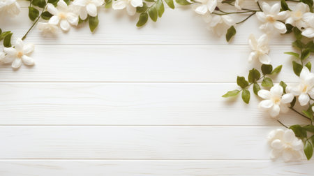 green leaves and flowers with a white wall behind frame on a wooden plank top. the photo showcases a subtle tonal gradation in the style of intertwining materials. with a simplified and scattered composition, the light beige and white colors create a soothing atmosphere. the bentwood adds a touch of elegance to the overall aesthetic. ai generatedの素材