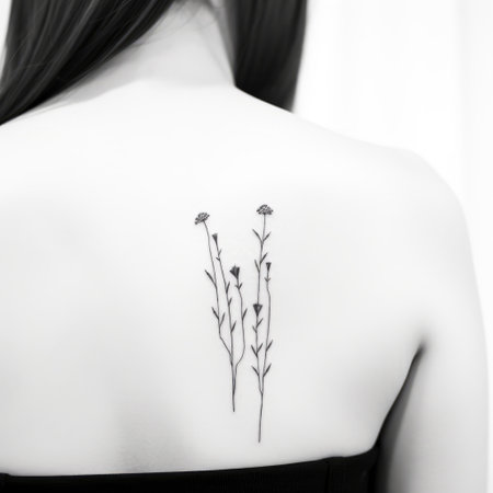 simple back tattoos for girls by kaori tattoos, featuring botanical abundance. this high-quality photo showcases stark black-and-white photography with selective focus. the design exudes stark minimalism, with light violet and dark amber hues against a clean white background. ai generatedの素材