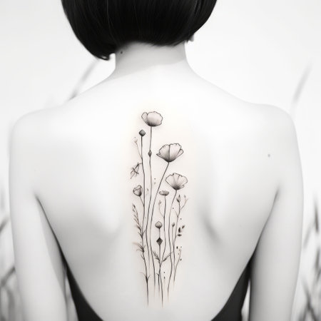 a woman with a flower tattoo on her back is depicted in this black and white image. the style of the artwork is reminiscent of aquarellist techniques, with a cartoonish simplicity and influences from chinese painting. the color palette consists of light purple and light amber tones, creating a 3d effect with a shallow depth of field. the design incorporates nature-inspired shapes. ai generatedの素材