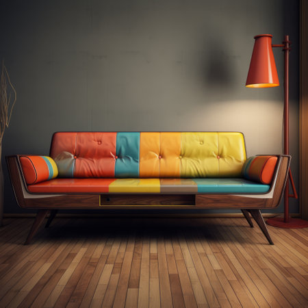 a leather sofa sits in a room adorned with a lamp, exuding a retro feel with bold colorful lines. the sketchfab design adds a touch of whimsy, while the wood elements and lively colors create a vibrant atmosphere. this photo is available under the creative commons attribution license. ai generatedの素材
