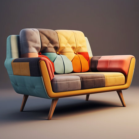modern living room featuring two couches on a grey or white background. the couches are designed in a psychedelic color scheme, inspired by mid-century modern design. created by artist mike campau, the couches showcase sculpted and patchwork patterns in an earthy color palette. the image has been colorized to enhance its visual impact. ai generatedの素材
