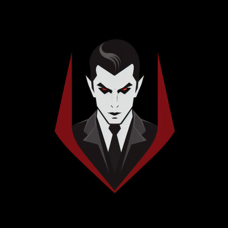 a black and red head of a vampire is depicted on a black background in a geometric style. the illustration is reminiscent of handsome soviet propaganda and charming character illustrations. the colors used are light gray and dark crimson, giving the image a smooth and polished appearance. perfect for halloween-themed designs. ai generatedの素材