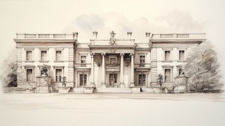 a sketch of an elegant old mansion, showcasing realistic and hyper-detailed renderings. influenced by neoclassicist styles, this 8k resolution artwork captures the essence of classical architectural details. the sketch draws inspiration from renowned artists stephen shortridge and mark ryden, while also featuring monumental murals that add to its grandeur. ai generatedの素材
