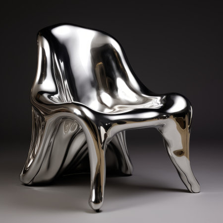 a shiny silver metal chair in 3d, featuring organic and flowing forms reminiscent of melting pots. this innovative piece is inspired by pop culture and infused with adox silvermax techniques. the chair's design showcases poured and bulbous elements, creating a visually striking and unique aesthetic. ai generatedの素材