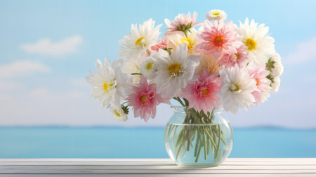 glass jar of white and pink flowers on outdoor table, reminiscent of calm seas and skies. associated press photo captures bold chromaticity and sun-soaked colors. flower power emanates from the light beige and sky-blue hues. pictorial representation of nature's beauty and tranquility. ai generatedの素材