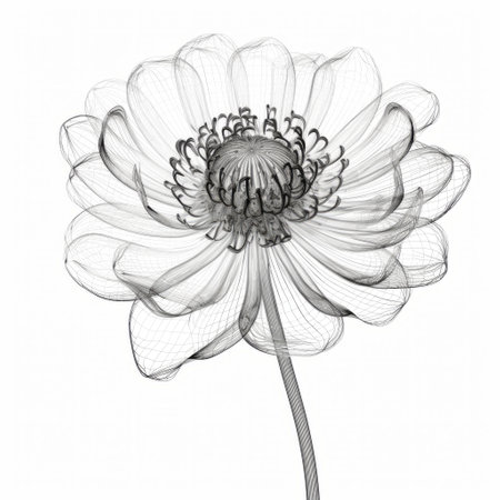 a closeup of a very large flower drawn in the style of nick veasey, featuring detailed crosshatching reminiscent of philip mckay's delicate sculptures. the transparent layers and minimalist approach give the flower a unique and intricate appearance, reminiscent of the work of alvar aalto, the renowned architect and designer. ai generatedの素材