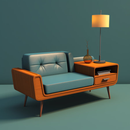 the lamp, with its retro futuristic style, will be a perfect fit on the couch. rendered in maya, it features a combination of light blue and orange colors. the design showcases a blend of stylized realism and retro-style elements. made of wood, the lamp achieves a realistic yet stylized appearance. ai generatedの素材