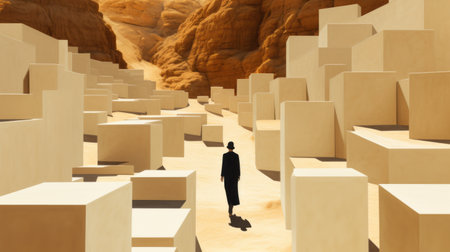 a man walks through a desert at night, surrounded by blocks in a field. this photo captures the essence of jewish culture themes with its realistic renderings of the human form, contrasting shadows, and stone sculptures. the image evokes a sense of passage and sanctuary, while also embodying the concept of conceptual art. ai generatedの素材