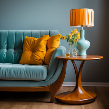 a living room featuring a light blue sectional couch adorned with two blue pillows in a retro style. the tabletop photography captures the essence of a biedermeier-inspired setting with a touch of dark orange and yellow. the still life focus and flattering lighting enhance the overall ambiance of the room, which is complemented by the light teal accents. ai generatedの素材