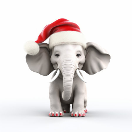 3d elephant standing with santa hat, showcasing emphasis on character design and synchromism. the intuitive gestures and flickr-inspired style create a visually captivating image. this contest-winning artwork utilizes the technique of grisaille, adding depth and dimension to the composition. ai generatedの素材