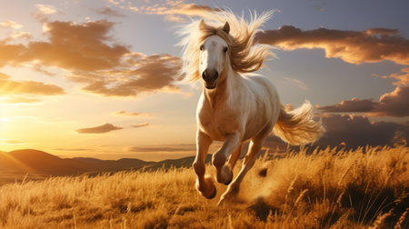a white horse gallops through fields at sunset in this hyper-detailed and realistic hd wallpaper. the vibrant colors of light amber and beige create a stunning contrast against the darkening sky. captured by tom chambers, this matte photo showcases the energetic frenzy of the horse, adding a dynamic and action-packed feel to the image. ai generatedの素材