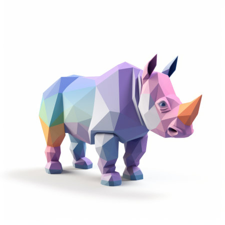 a colorful rhino, designed by suguru tanaka, stands boldly on a white background. its faceted shapes and streamlined design create a visually striking image. with the use of ray tracing, the rhino's bold chromaticity is enhanced, showcasing its vibrant colors. this extruded design, available on sketchfab, captures the unique and captivating essence of this magnificent creature. ai generatedの素材
