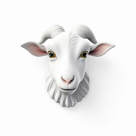 a white goat head, rendered in the style of daz3d, stands out against a white background. this charming character illustration showcases symmetrical balance and xbox 360 graphics. captured with a macro lens, the strong facial expression of the goat is emphasized. this stunning image is a testament to the power of the intel core processor. ai generatedの素材
