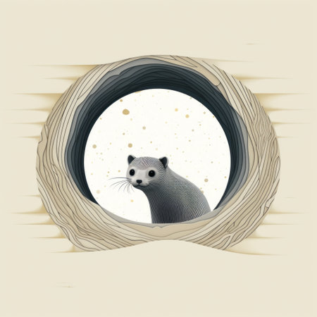 a cartoon kitten peeks out of a small hole in the ground, showcasing minimalist monochromatic landscapes. this adorable feline, reminiscent of traditional oceanic art, is captured in a rounded and bentwood style. the image evokes a sense of passage and is perfect for editorial illustrations. ai generatedの素材