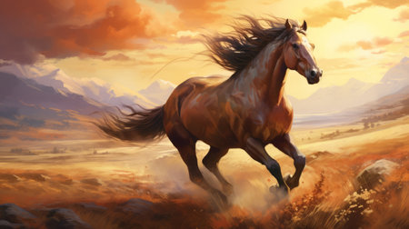 a green horse gallops across a picturesque landscape, showcasing hyper-realistic animal illustrations in dark red and amber tones. this western-style portrait is bathed in a golden light, creating a stunning visual. the dark brown and orange hues add depth and richness to the overall composition. ai generatedの素材