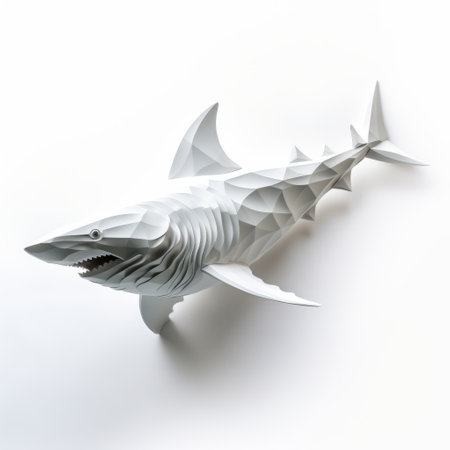 a white, geometric shark made out of paper is captured in this hyperrealistic still life photograph. the extreme angle showcases its multilayered surfaces, while swirling vortexes add a dynamic element. the high-key lighting enhances the baroque animal's intricate details. this captivating image is achieved through focus stacking, resulting in a visually stunning composition. ai generatedの素材