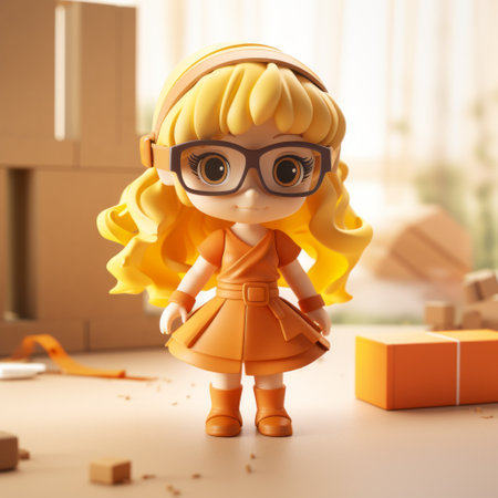 a girl in an orange dress and glasses poses next to boxes in a playful character design. the style of the photo is reminiscent of hard surface modeling, with light yellow and beige tones. this commission for a colab showcases a toycore aesthetic, perfect for booru enthusiasts. ai generatedの素材
