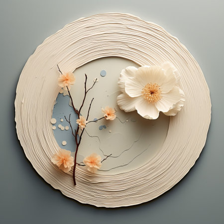 a 3d plate of flowers showcases a unique combination of texture and paint, embodying the essence of zen minimalism. the light white and beige hues create a soothing ambiance, while layered imagery evokes romantic riverscapes. this artistic creation draws inspiration from jewelry by painters and sculptors, featuring twisted branches in shades of light orange and light blue. ai generatedの素材