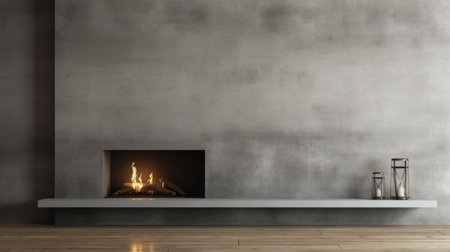 a fireplace in a room with a gray polished concrete wall, featuring a smokey background and finely rendered textures. the freeform minimalism and subtle lighting contrasts create an industrial ambiance. the panoramic scale of the room adds to its overall appeal. ai generatedの素材