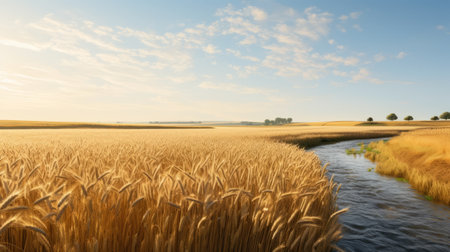 a serene and captivating photograph showcasing a picturesque field adorned with golden wheat, gently swaying in the breeze. a meandering stream gracefully winds its way through the landscape, adding a touch of tranquility. this national geographic-style image captures the essence of atmospheric landscapes, reminiscent of the renowned artist rob hefferan's work. ai generatedの素材