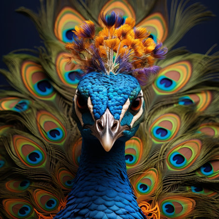 a peacock, with feathers gently cascading over its face, gracefully strolls through a vibrant park. this captivating image, reminiscent of the artistic styles of caras ionut, jeff koons, and mike campau, showcases characterful animal portraits. the saturated color palette, featuring dark indigo and amber hues, creates a mesmerizing and psychedelic neon effect. ai generatedの素材