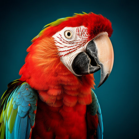 a colorful parrot perches on a rock in this hyper-detailed, realistic portrait. the parrot's vibrant feathers showcase shades of dark sky-blue and light crimson, capturing attention with its stunning colors. the studio photography emphasizes the texture of both the parrot's fur and feathers, creating a hyperrealistic still life. the bold color blocks of light red and green add to the overall visual impact of theの素材