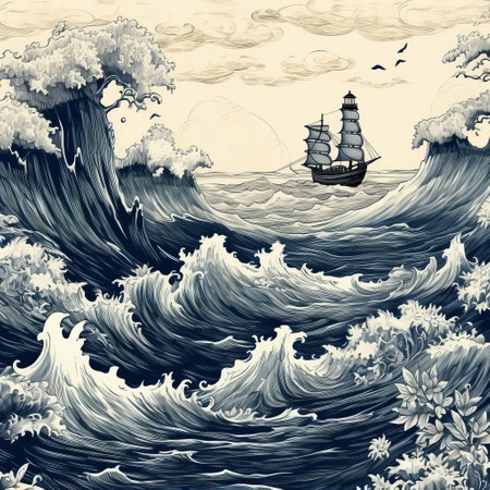 vintage style watercolor drawing of a ship sailing through waves, reminiscent of ominous landscapes and intricate black and white illustrations. the dark blue and beige color palette adds to the mysterious atmosphere. this artwork captures the essence of magewave, optical illusion paintings, and traditional landscapes, making it a captivating piece for wallpaper or art enthusiasts. ai generatedの素材