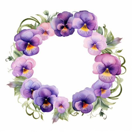 a floral wreath with pansies, featuring unique framing and composition, in the style of watercolor illustrations. the wreath showcases light purple and emerald hues against a white background, creating an elegant and eye-catching detail. the pansies' emotive faces add an extravagant touch to this beautiful composition. ai generatedの素材