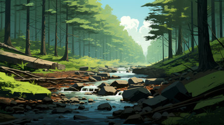 a forest landscape featuring a multitude of trees and rocks, showcasing the luminosity of water. this realistic depiction captures the essence of plein-air painting with its flat, limited shading and high-contrast shading. the level of detail in this artwork is truly remarkable, creating a hyper-detailed portrayal of nature's beauty. ai generatedの素材