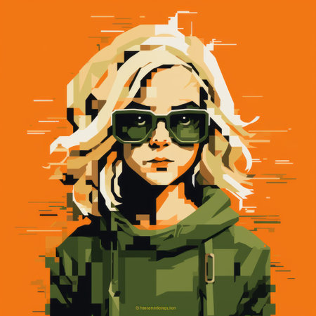 a girl wearing sunglasses stands out against an orange background adorned with pixel art. the artwork is reminiscent of the styles of martin ansin, darek zabrocki, and chris cold, featuring dark gray and green tones. the design has a free brushwork aesthetic and an extruded effect, creating a visually striking composition with a warm tonal range. ai generatedの素材