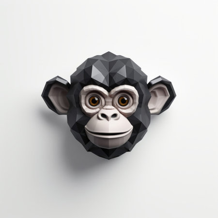 a cute chimpanzee and monkey head sculpture, featuring geometric minimalist design, is showcased on a white background. the three-dimensional effects and rangefinder lens add depth to the artwork. this unique piece resembles a sketchfab creation, with faceted shapes and dark colors. it can be displayed as a wall sculpture or installation. ai generatedの素材