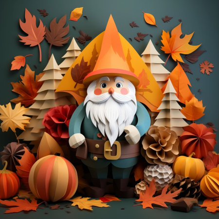 a paper gnome is depicted in this autumn-themed paper art, surrounded by vibrant and exaggerated scenes of autumn leaves. the artwork is created in the style of zbrush, with a flat and limited shading technique. the wood sculptor has skillfully crafted realistic and hyper-detailed renderings, showcasing playful character designs. this artwork can be used as a wallpaper or for decorative purposes. ai generatedの素材