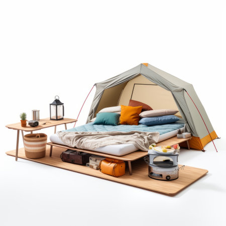 a flat bed in the camping tent, featuring a comfortable mattress, combines natural and man-made elements. this beige and amber styled bed, reminiscent of eiko ojala's work, creates a hybrid of contemporary and traditional design. matthias haker's photography captures the essence of this unique camping experience, while kodak vision3 film adds a touch of nostalgia. ai generatedの素材