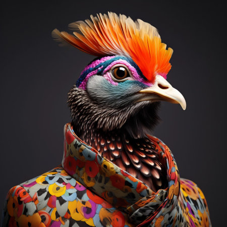 a stuffed bird, adorned in a vibrant feather jacket and hat, showcases an imaginative character design. this hyper-detailed portrait, created using zbrush, captures the essence of crustpunk aesthetics. the dappled matte photo, with its 20 megapixels, beautifully highlights the intricate craftsmanship and inventive styling of this unique avian creation. ai generatedの素材