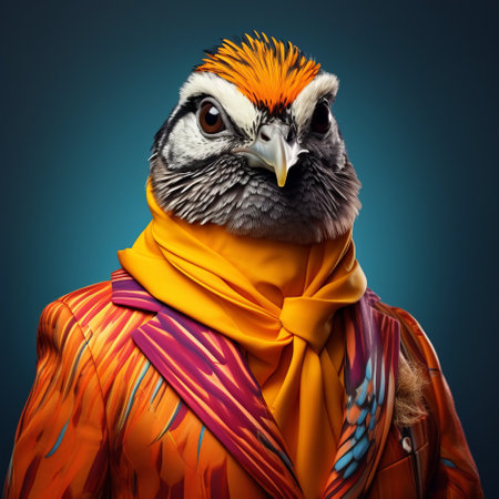 an owl, dressed in an outfit, stands as the subject of this conceptual portraiture photo by anthony dandonello. this exotic bird showcases vibrant color-blocking in dark yellow and orange hues, creating a visually striking composition. the studio photography captures the naturalistic beauty of the owl, resulting in a captivating bird portrait. ai generatedの素材