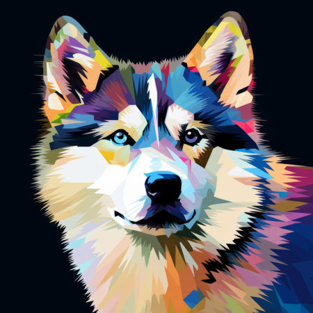 this husky art painting is a vibrant and multicolored abstract seamless pattern. created by marth, this digital art print showcases a unique blend of realistic animal portraits and neon-lit pop art. with its stencil art elements and vivid color blocks in light silver and dark cyan, this high-resolution piece is a captivating addition to any space. ai generatedの素材