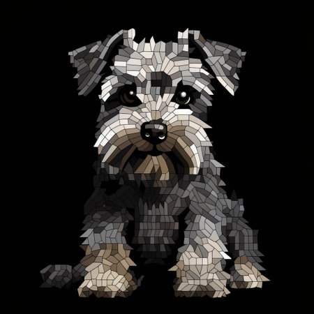 a pixelated dog art piece featuring detailed architectural elements, textured collages, and twisted characters. the black background enhances the light gray, rectangular fields, creating a visually striking composition. the use of luminous shadowing adds depth and dimension to the image. ai generatedの素材