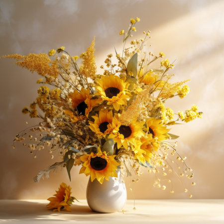 a white vase filled with sunflowers sits on a table, showcasing a striking juxtaposition of light and shadow. the composition features a blend of light gold and gold tones, creating a captivating solarization effect. the arrangement incorporates primitivist elements and naturalistic materials, enhanced by softbox lighting. ai generatedの素材