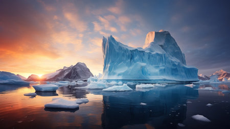 icebergs and water create a stunning scene in a blue lake as the sun sets. this captivating photo, captured in the style of narrative-driven visual storytelling, showcases the beauty of nature. with its futuristic landscapes and creased textures, this terragen image from national geographic transports viewers to a mesmerizing world. the light red and cyan hues add a touch of vibrancy to this ultra-high-definition (uhd)の素材
