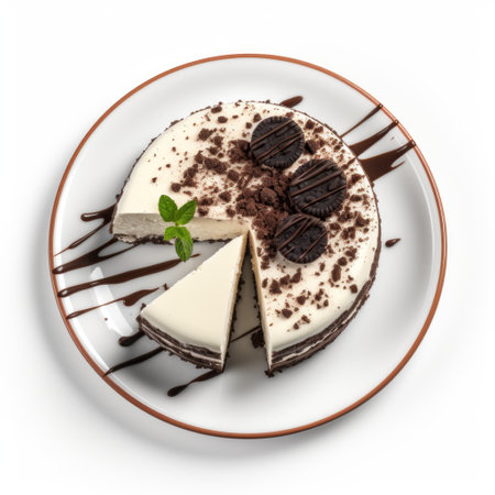 oreo chocolate cake with white chocolate sauce on a white plate. this high-quality photo showcases a realistic hyper-detailed rendering of the cake, captured from an aerial view. the image features tagging-like marks and primitivist elements, reminiscent of an associated press photo. circular shapes add visual interest to this delectable dessert. ai generatedの素材