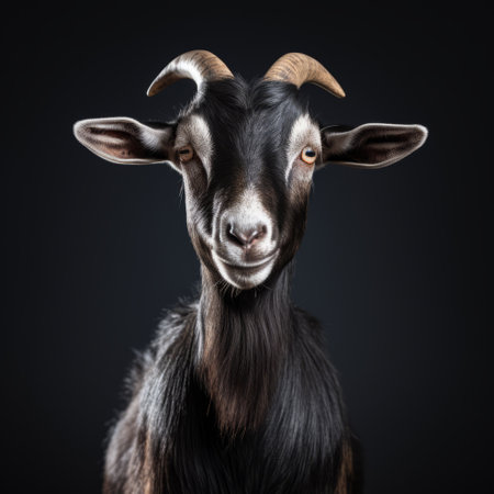 a goat's head, captured in an emotionally charged portrait style, stands out against a dark background. this high-resolution image, shot with a large format lens, showcases bold chromaticity with dark bronze and black tones. the goat's playful expressions add a touch of whimsy to this captivating photograph. ai generatedの素材