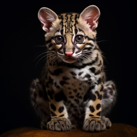 a spotted jaguar, known as carambola felis hesperides, is captured in this fine art photography piece. the image exudes playful innocence, with a renaissance-inspired chiaroscuro technique adding depth and drama. the jaguar's cute and colorful appearance stands out, making it a captivating subject for this national geographic photo. the punctuated caricature style and optical illusion elements further enhance the visual impact of this stunning image.の素材