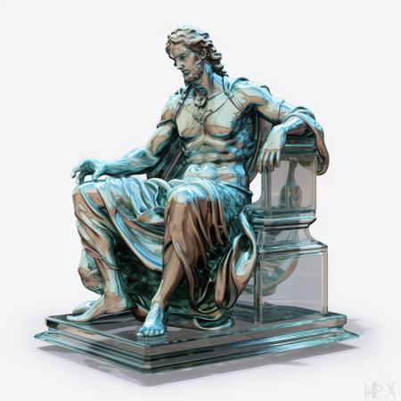 a realistic and hyper-detailed statue, inspired by classical antiquity, sits on a glass pedestal. created by renowned artists joe madureira and sergey musin, this cyan-colored sculpture showcases precise figure drawing reminiscent of botticelli-esque figures. ai generatedの素材