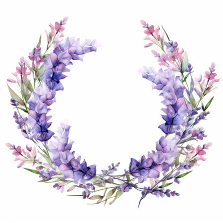 watercolor lavender wreath clip art vector illustration in realistic style. this eps image, measuring 1300x1600, showcases symmetrical compositions and expert use of light and color. the impasto technique adds depth and texture to the design. with its uhd quality, this luxurious wall hanging is a contest winner and exudes delicate beauty. ai generatedの素材